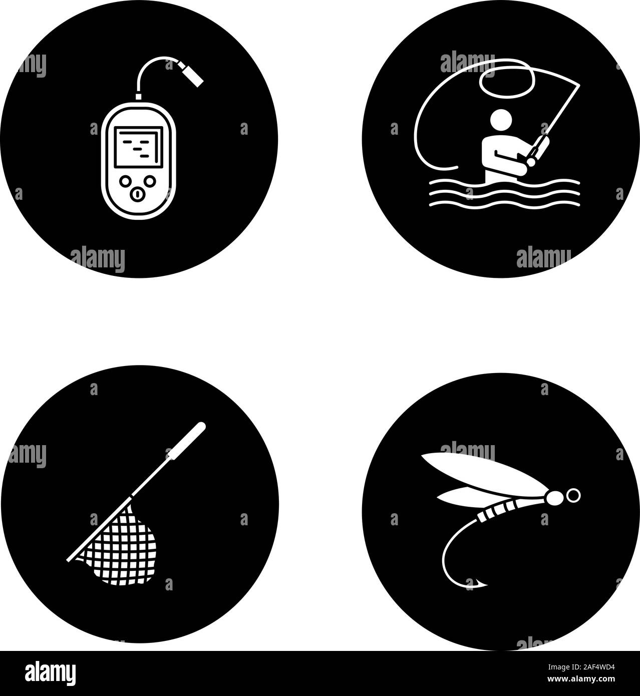 Glyphe de pêche icons set. La pêche de mouche, sondeur, épuisette, insecte lure. Vector silhouettes blanc illustrations de cercles noirs Illustration de Vecteur