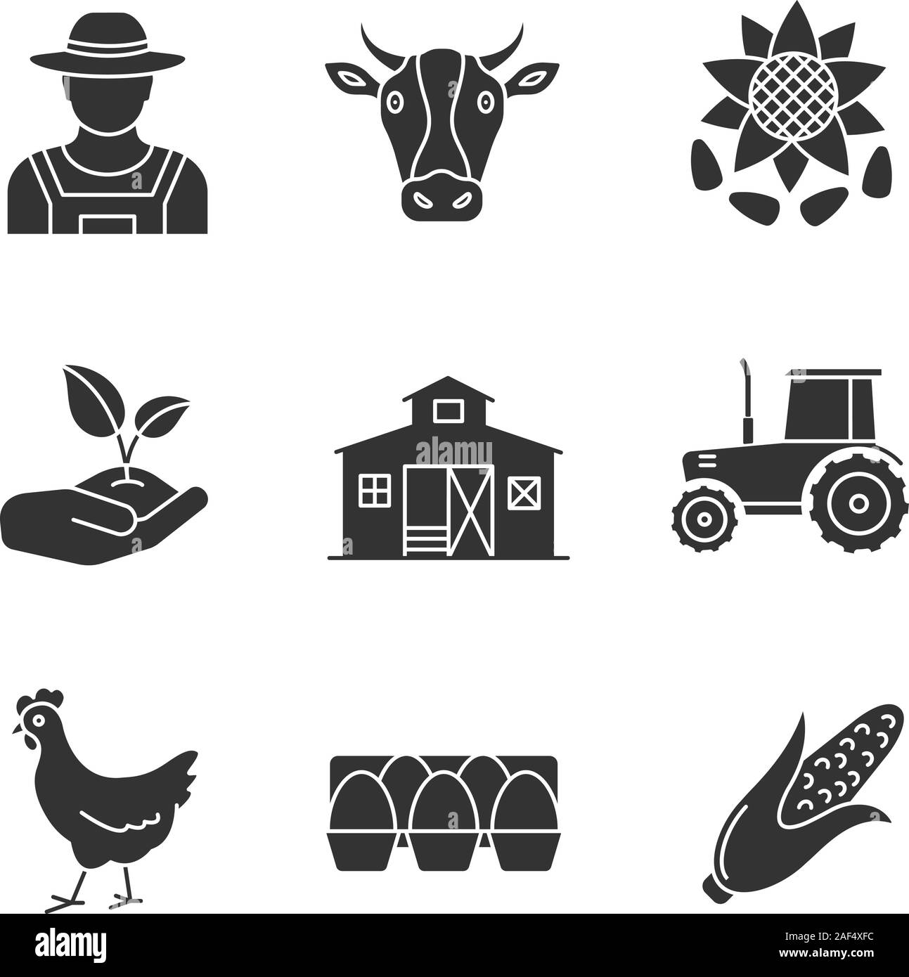 Glyphe d'Agriculture icons set. Silhouette d'Agriculture des symboles. Farmer, Cow Head, tournesol, graines de germer dans la main, grange, tracteur, poulet, oeufs, co Illustration de Vecteur