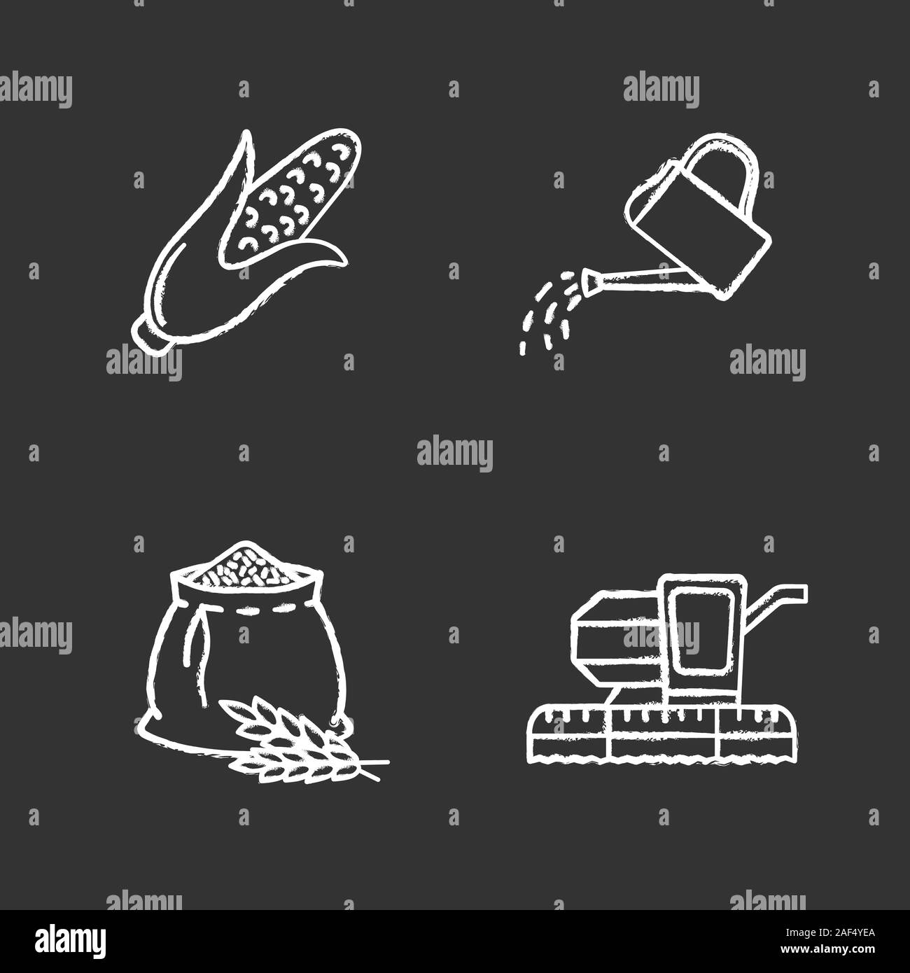 Chalk Agriculture icons set. L'agriculture. Le maïs, l'arrosoir, sac de farine, à la moissonneuse-batteuse. Vector illustration tableau isolé Illustration de Vecteur