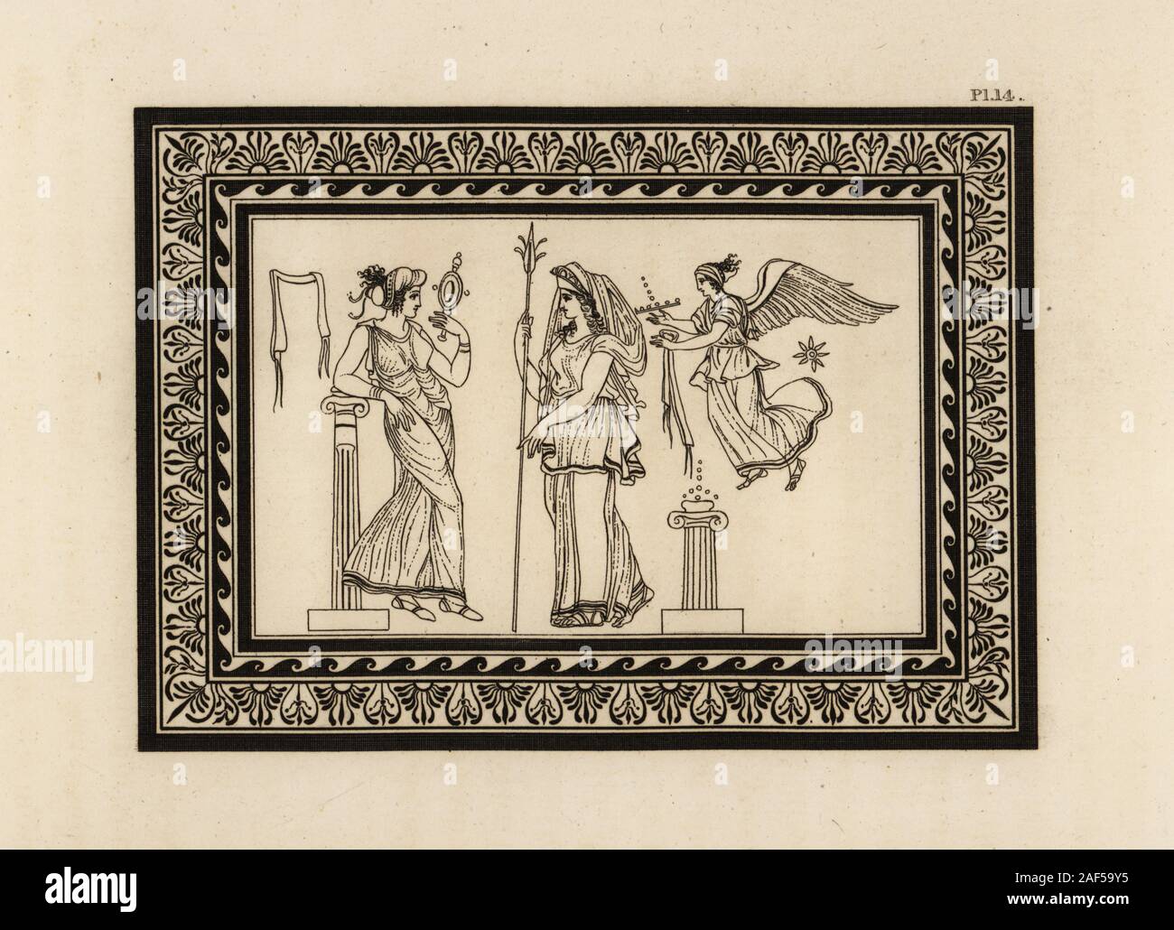 La princesse de Crète Ariadne d'un diadème dans ses cheveux, la tenue d'une férule en tant que symbole de Bacchus (centre). Son génie féminin est titulaire d'une patera de sesamum (à droite), tandis qu'une autre figure tenant un miroir s'appuie contre une colonne. La gravure sur cuivre par Thomas Kirk (1765-1797), de Sir William Hamilton's présente des chiffres et des compositions à la grecque, étrusque et romaine Vases de feu Sir Hamilton, T. M'Lean, Londres, 1834. Banque D'Images