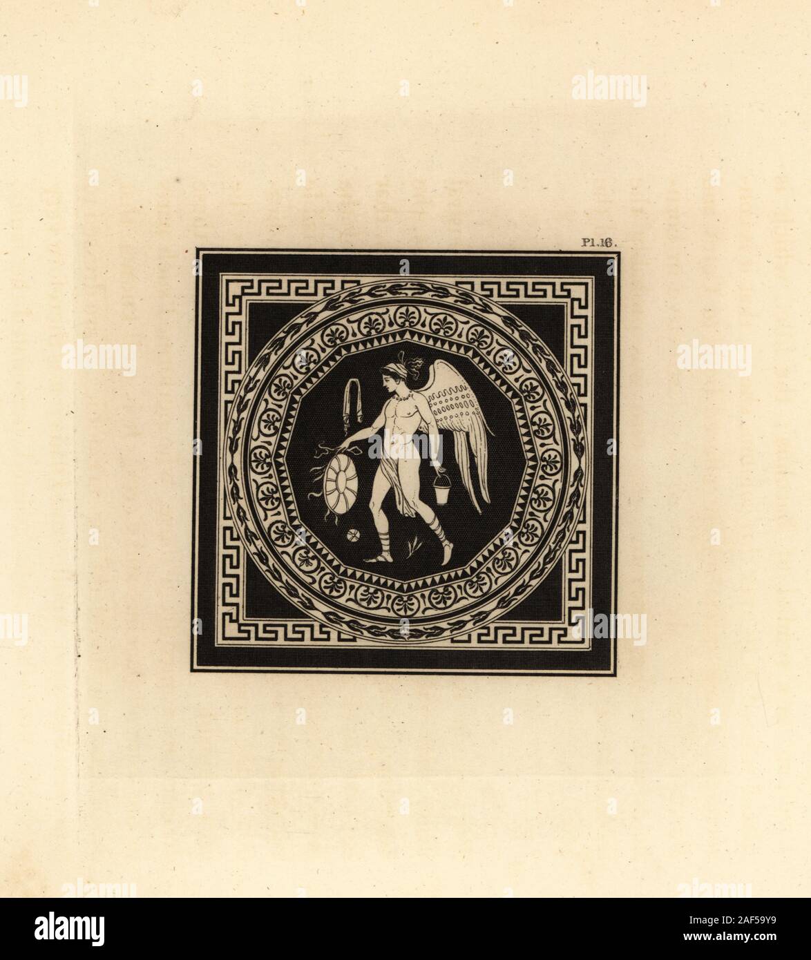 Génie ailé androgyne à une fête de Cérès (symbolisée par la lune) ou Bacchus, le comptable d'un vase d'eau lustrale et le mystérieux vase de Iacchus couverts par un ceste bataille ou gant. Dans un circulaire frontière de motifs floraux à l'intérieur d'un carré d'une bordure noire décorée avec des lignes géométriques. La gravure sur cuivre par Thomas Kirk (1765-1797), de Sir William Hamilton's présente des chiffres et des compositions à la grecque, étrusque et romaine Vases de feu Sir Hamilton, T. M'Lean, Londres, 1834. Banque D'Images