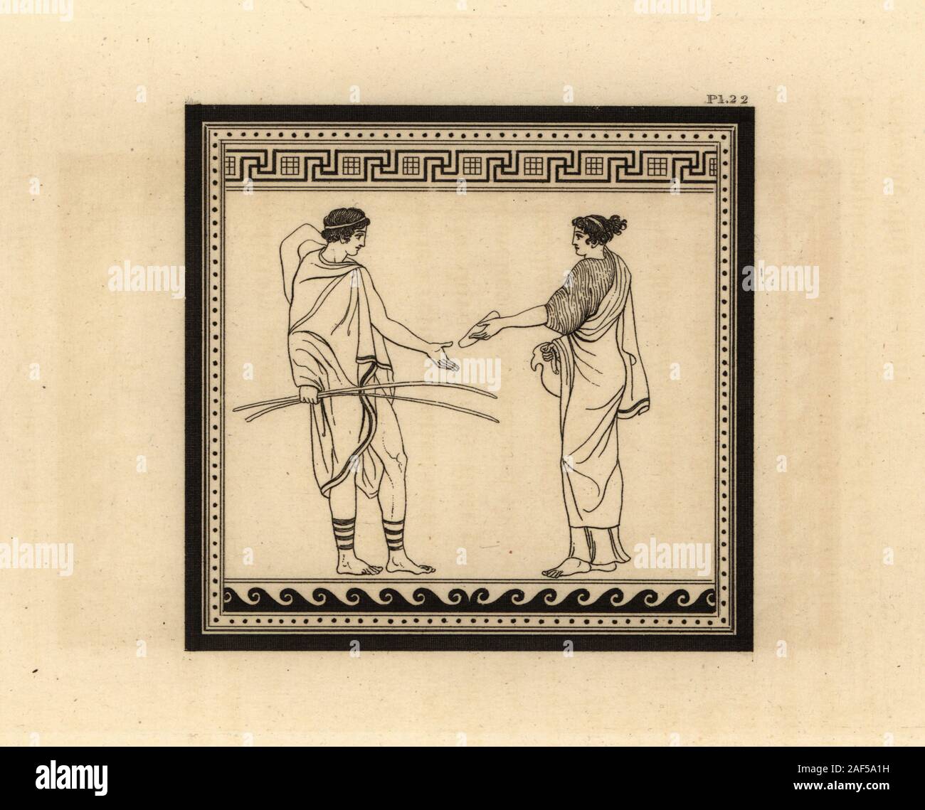 Vase avec femme et homme avec deux tiges. Pas de symbolisme. À l'intérieur d'un carré bordure décorative. La gravure sur cuivre par Thomas Kirk (1765-1797), de Sir William Hamilton's présente des chiffres et des compositions à la grecque, étrusque et romaine Vases de feu Sir Hamilton, T. M'Lean, Londres, 1834. Banque D'Images