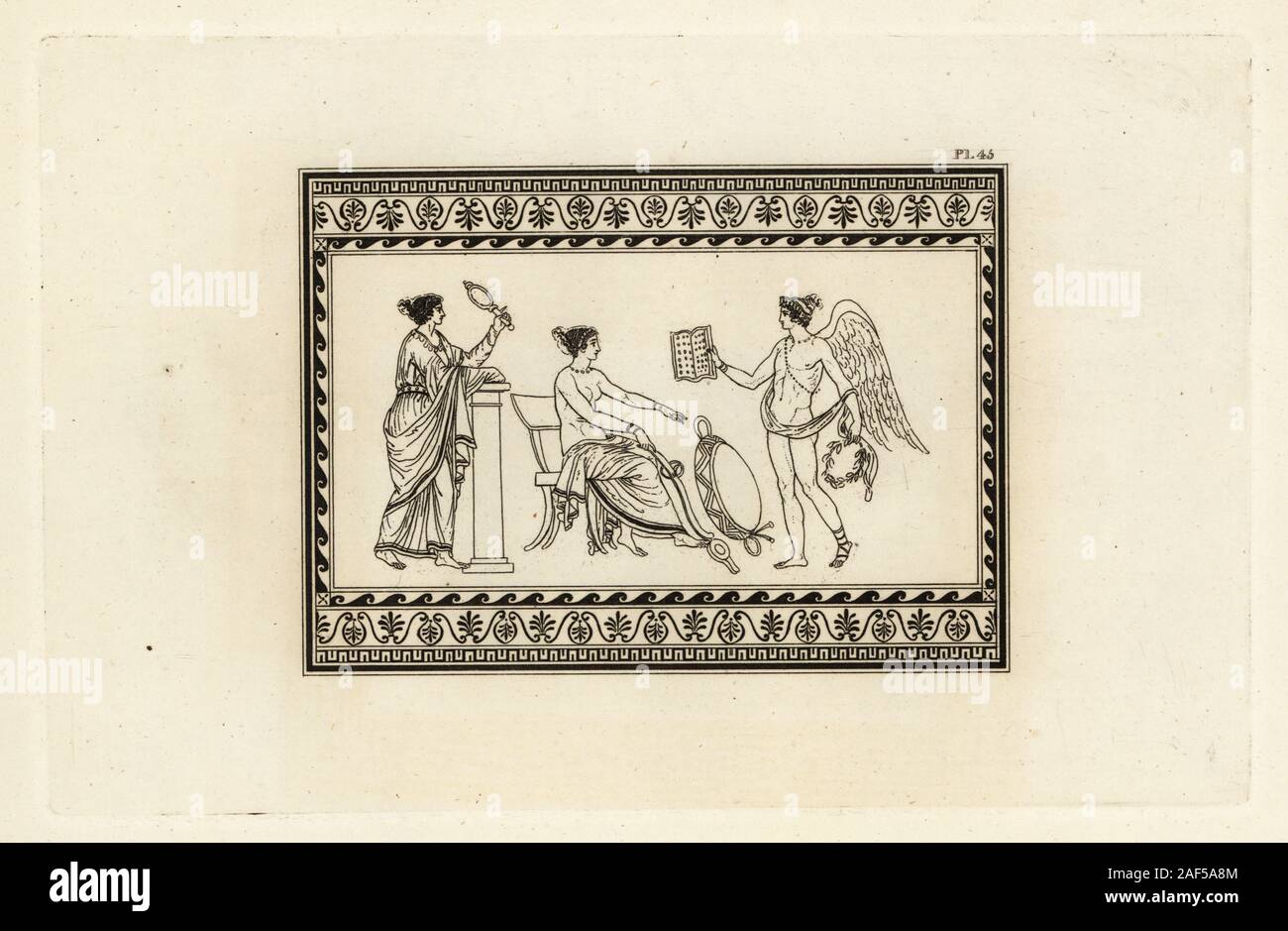 La déesse romaine Cérès assis sur une chaise avec un outil agricole. Un mystique vannus van ou en face d'elle. Son génie lui présente avec un livre et est titulaire d'une couronne, ce qui indique un prêtre de l'Themosphori. Une prêtresse s'appuie sur une colonne avec un miroir. La gravure sur cuivre par Thomas Kirk (1765-1797), de Sir William Hamilton's présente des chiffres et des compositions à la grecque, étrusque et romaine Vases de feu Sir Hamilton, T. M'Lean, Londres, 1834. Banque D'Images