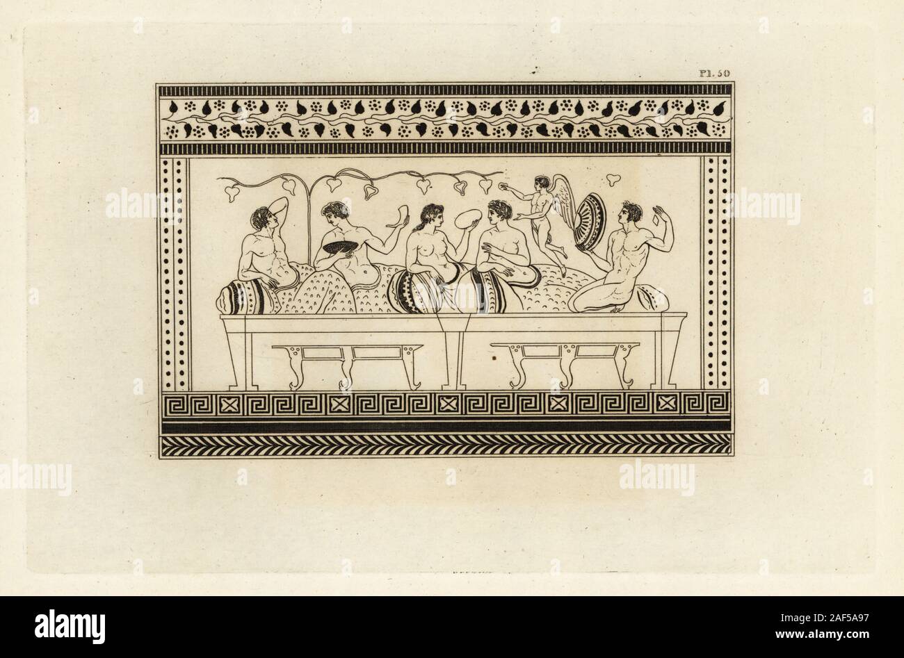 Bacchanales ou au festival de Bacchus, Dieu romain du vin. Les hommes et les femmes sur les canapés lounge à un festin, tandis qu'un génie de Bacchus vole au-dessus. La gravure sur cuivre par Thomas Kirk (1765-1797), de Sir William Hamilton's présente des chiffres et des compositions à la grecque, étrusque et romaine Vases de feu Sir Hamilton, T. M'Lean, Londres, 1834. Banque D'Images