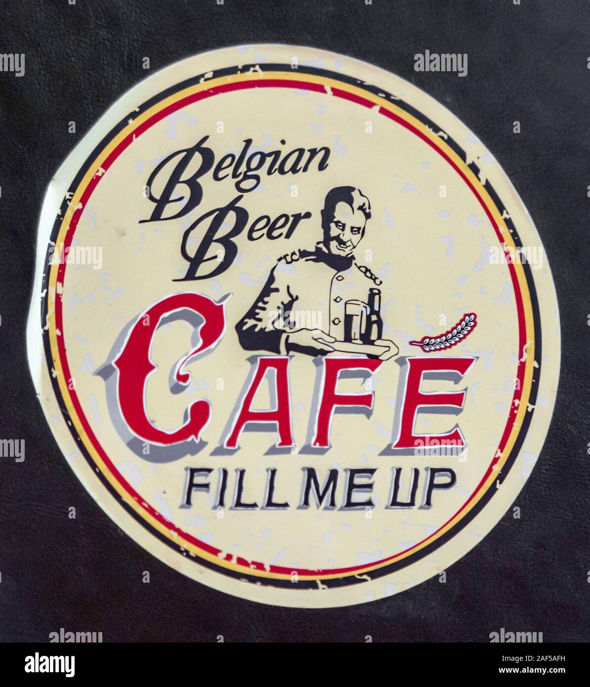 Melbourne, Australie - Novembre 17, 2009 : Belgian beer Café Pierre Bleue. Gros plan du caboteur de bière circulaire avec le logo de l'établissement. Banque D'Images