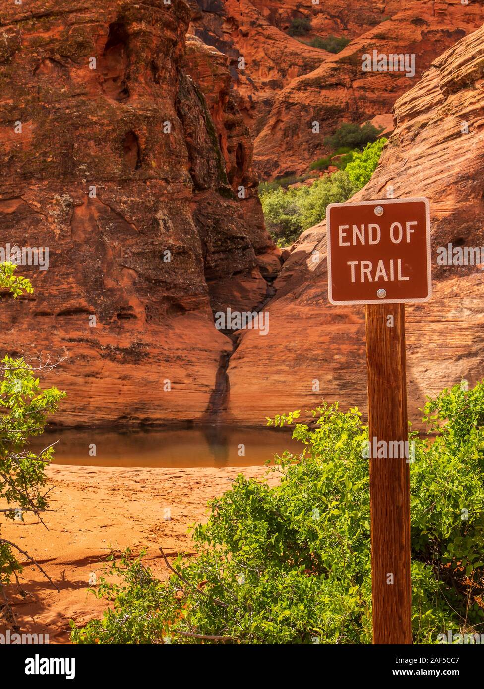 Fin du sentier, sentier signe de sable rouge, Snow Canyon State Park, St George, Utah. Banque D'Images