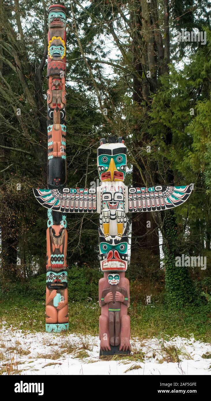 Totem House Poteaux, parc Stanley, Brockton point, Vancouver, Canada Banque D'Images