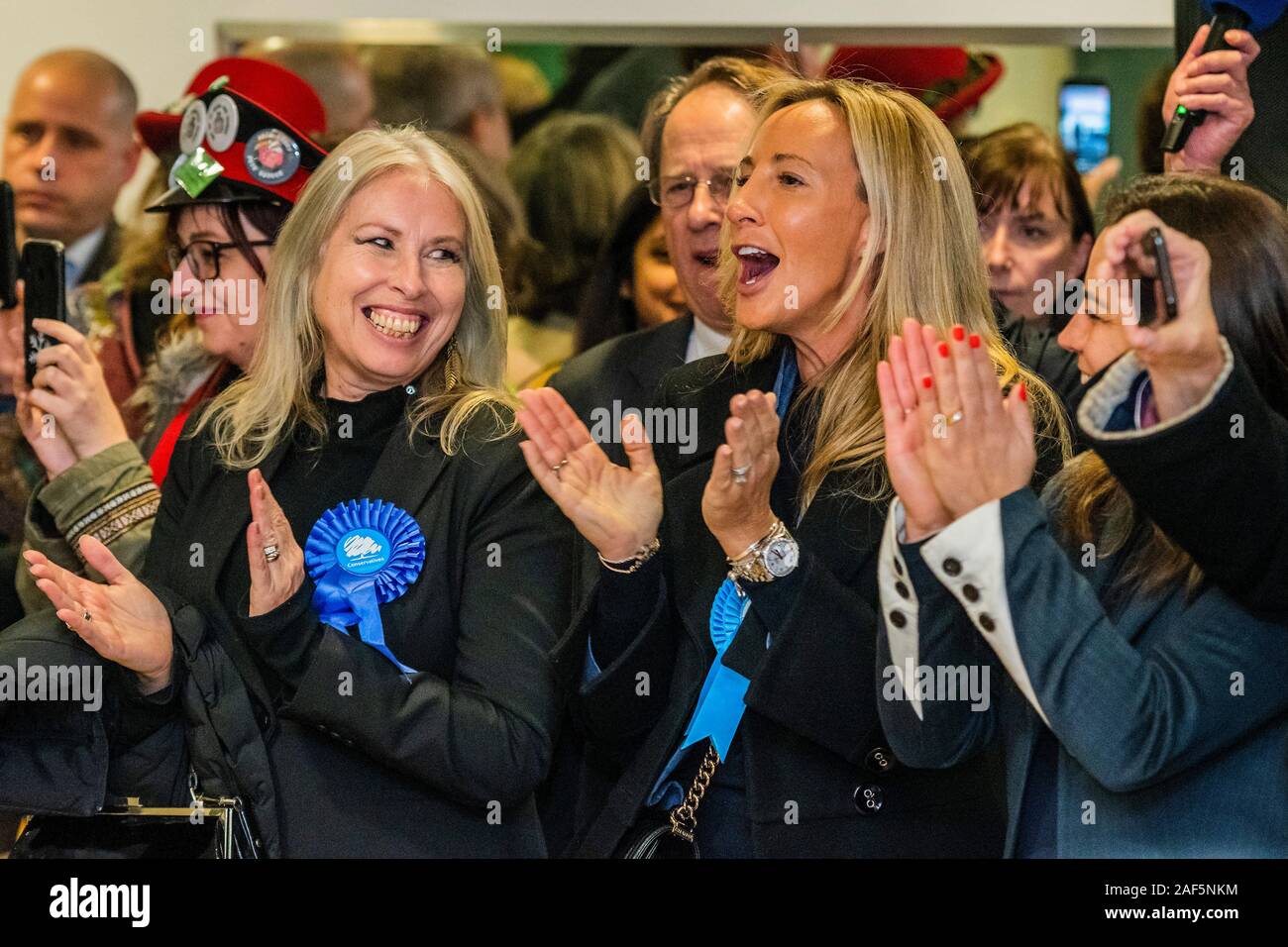 Esher, Londres, Royaume-Uni. 13 Décembre, 2019. Sa femme et l'équipe de célébrer - Dominic Raab gagne par 31 132 voix contre 28389 pour Monica Harding - le résultat à l'Esher et Walton dans la circonscription 2019 Élection générale. Où Dominic Raab est le député conservateur sortant et est poursuivi par Monica Harding, de la lib Dems. Crédit : Guy Bell/Alamy Live News Banque D'Images