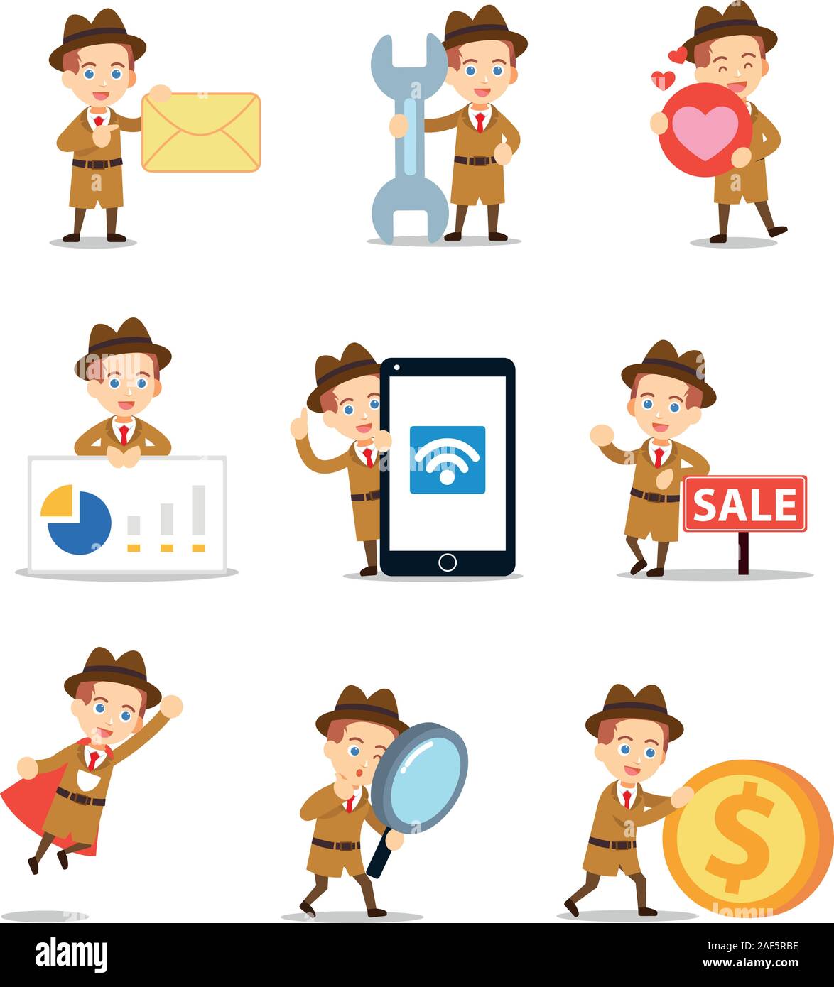 Ensemble d'homme de caractère détective dans une enquête. Illustration de Vecteur