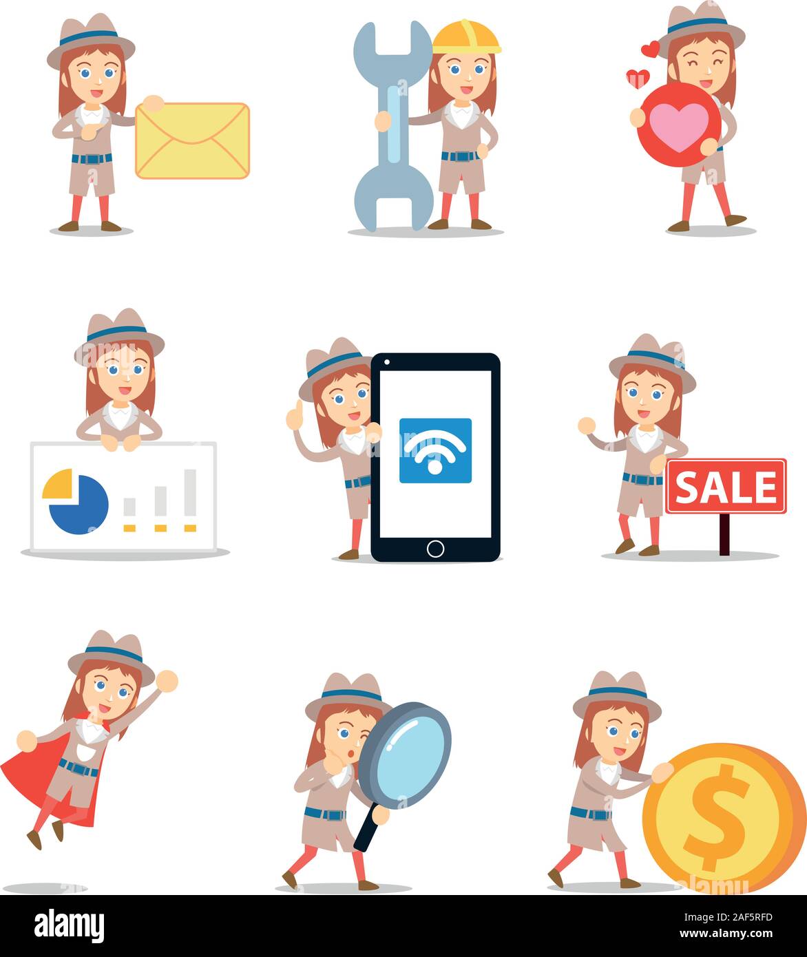 Ensemble d'une femme de caractère profession de détective. Illustration de Vecteur