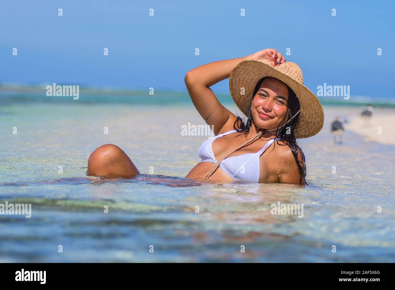 Portrait de style de vie d'été d'une jeune femme bronzée provocatrice. Profiter de la vie assis bleu mer tropical plage île. Porter un bikini et un chapeau élégants Banque D'Images