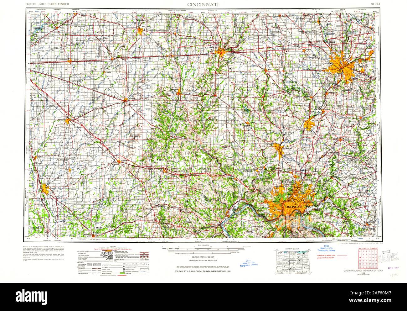 Carte TOPO USGS Ohio Cincinnati OH 2244411953 Restauration 250000 Banque D'Images