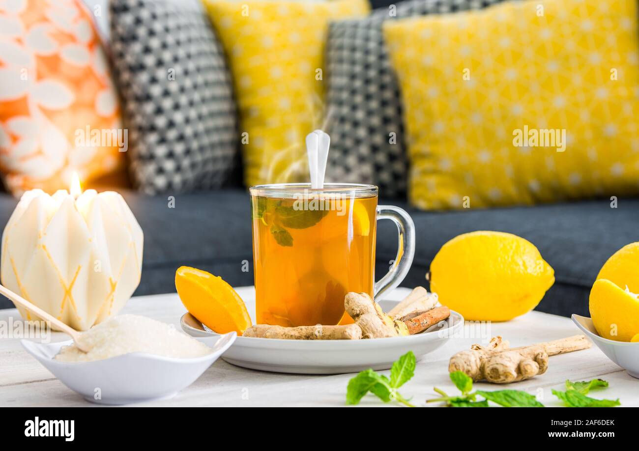 Plateau Hebal sur table avec le citron, la menthe, le gingembre et autres ingrédients - alternative santé et alimentation concept image avec copie espace pour texte image Banque D'Images