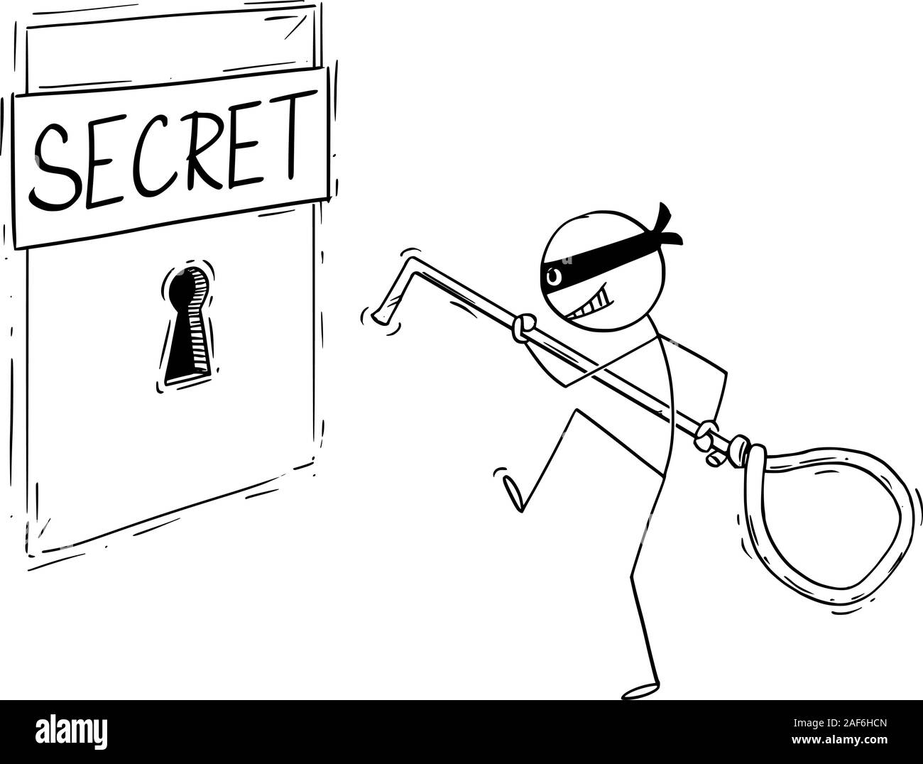 Vector cartoon stick figure dessin illustration conceptuelle de l'homme en matière pénale,masque,voleur ou pirate furtivement à grande avec keyhole picklock, aller à ouvrir la serrure ou et voler les renseignements secrets. Illustration de Vecteur