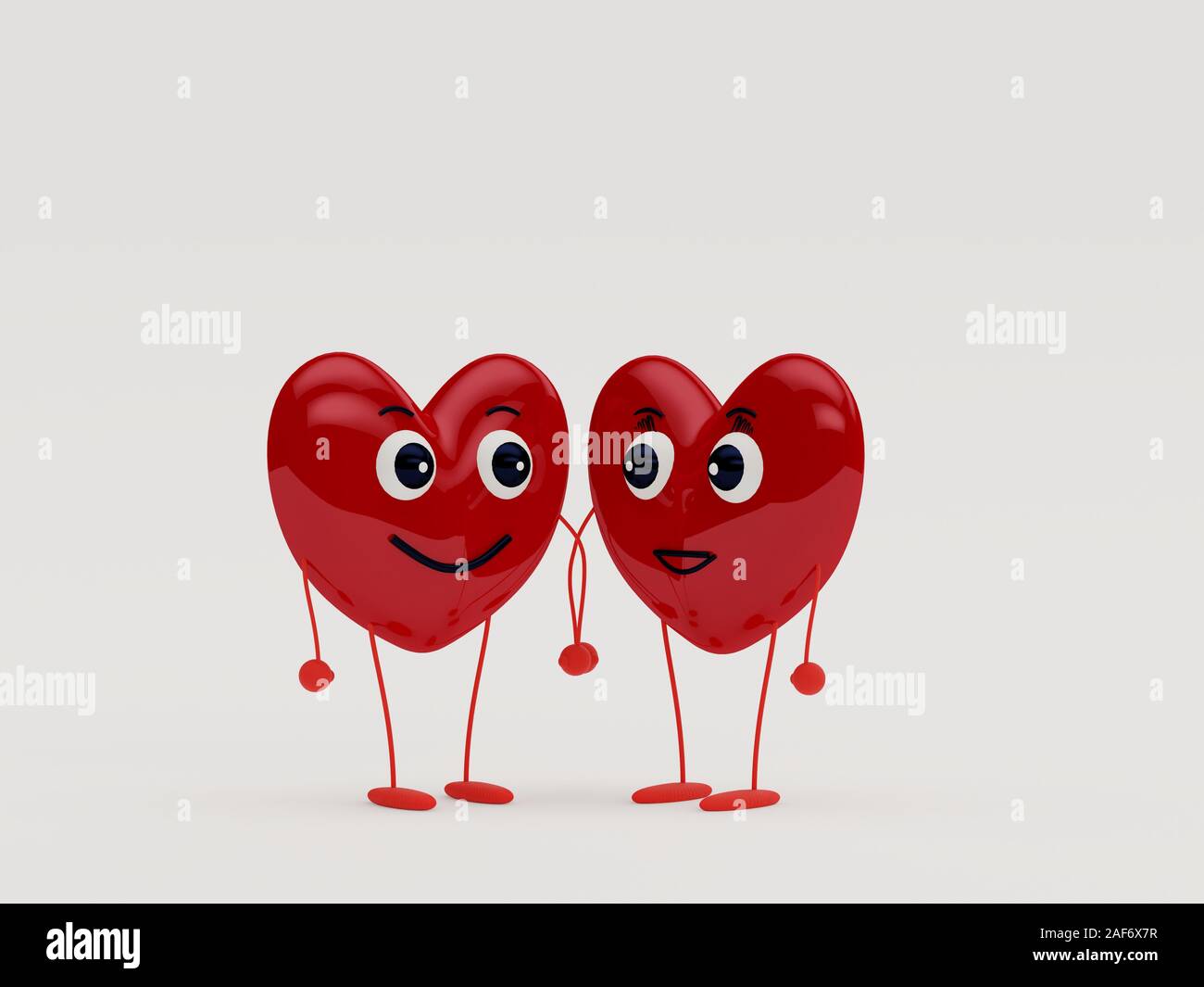 Un couple de caractères coeurs debout et tenant les mains tout en regardant l'un l'autre dans l'amour fond blanc - Concept de rendu 3D Banque D'Images