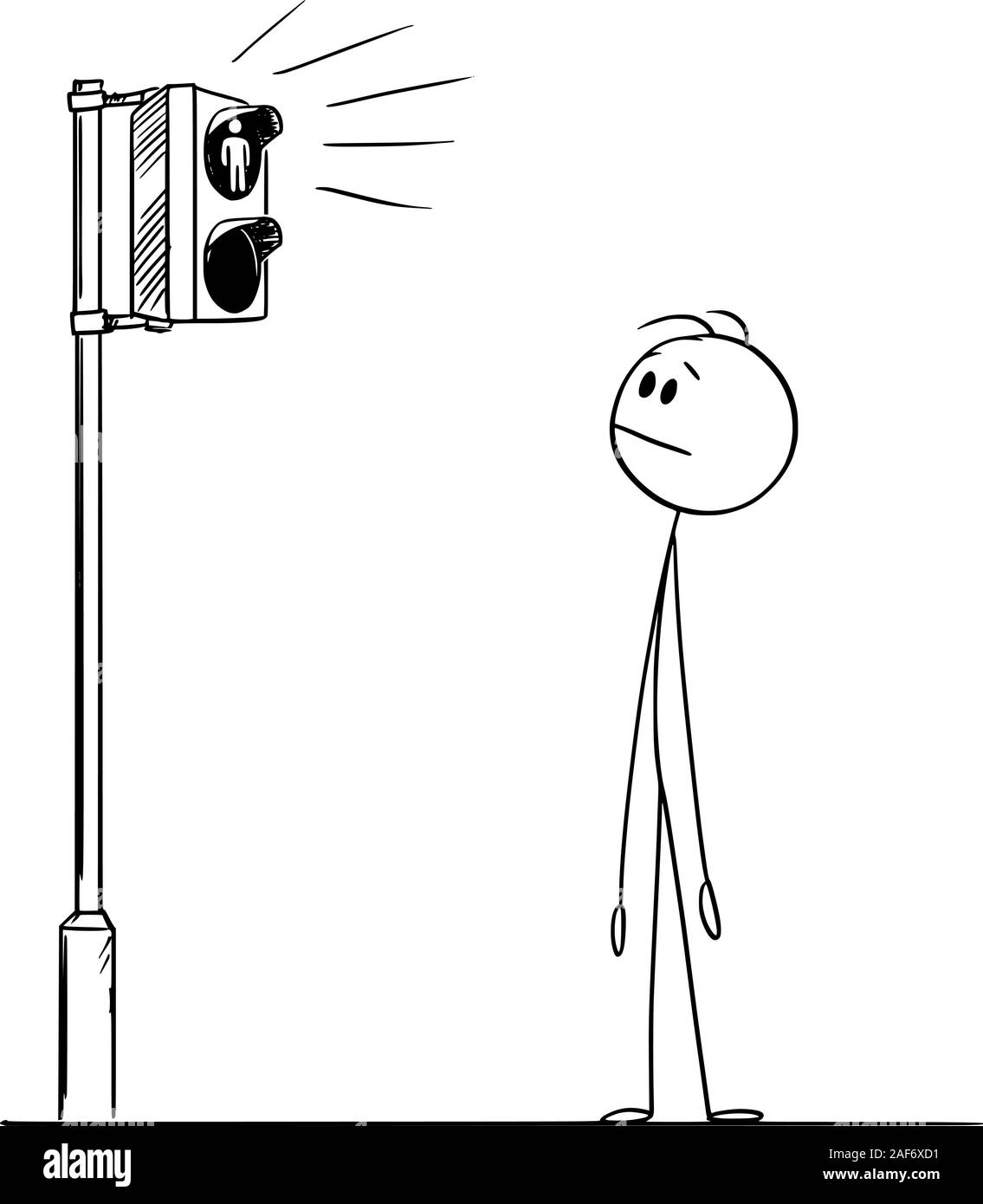 Vector cartoon stick figure dessin illustration conceptuelle de l'homme ou d'un piéton en attente de feu vert sur les feux de circulation sur la rue traversée. Illustration de Vecteur