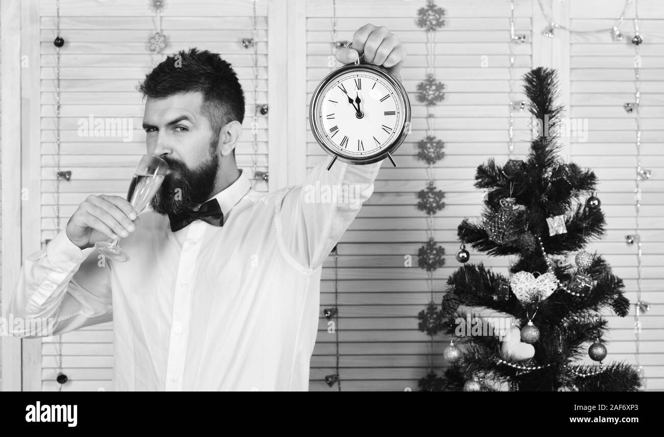 Célébration de fin d'année moment concept. Homme à barbe est titulaire d'un verre de champagne et réveil. L'homme parti avec visage délicat de boissons alcoolisées. Guy près de l'arbre de Noël sur fond de mur en bois Banque D'Images