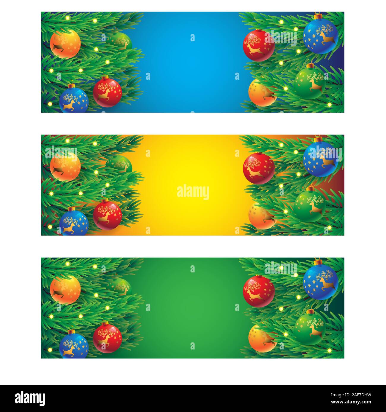 Bannière horizontale de l'arbre de Noël avec des boules de verre ornements garland et image d'un cerf. Image vectorielle. Illustration de Vecteur