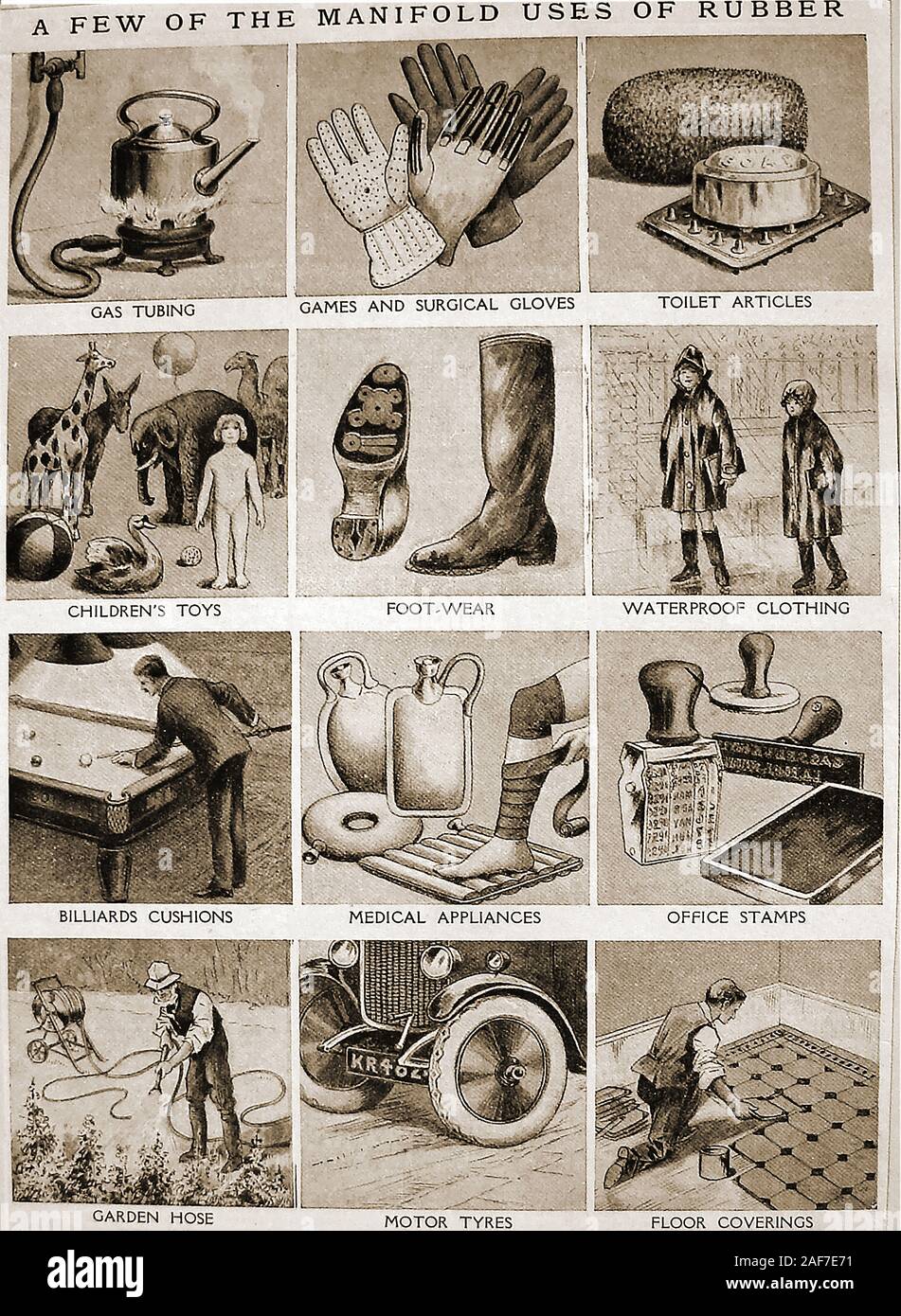 C1930's . Un livre pour enfants illustration utilise pour le caoutchouc à l'époque - cuisinière à gaz tubes, des jeux de société et des gants chirurgicaux,toilettes,articles,jouets,chaussures,vêtements étanches coussins billard,les appareils médicaux,office stamps,jardin,les flexibles pneumatiques pour voitures & revêtements Banque D'Images