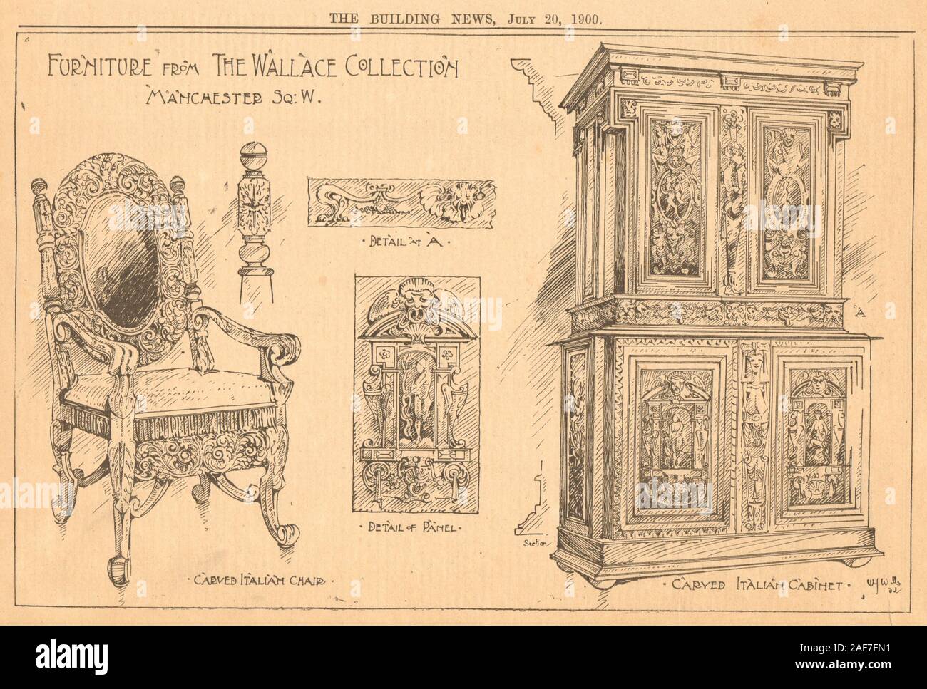Wallace Collection de meubles. Président italien sculpté & cabinet 1900 old print Banque D'Images