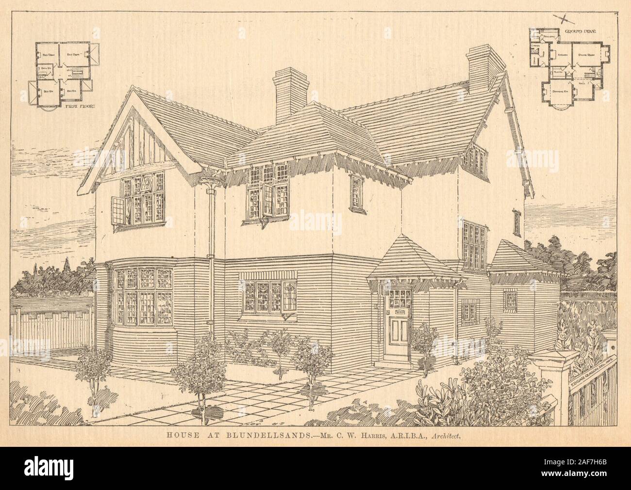 Chambre à Blundellsands. C.W. Harris, architecte. Croquis et plans. Grèce 1905 Banque D'Images