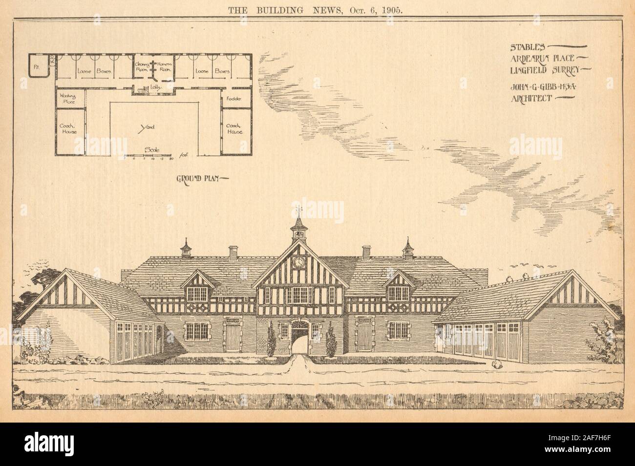 Équitation, Ardenrun Place, Lingfield, Surrey, John G. Gibb, architecte 1905 imprimer Banque D'Images