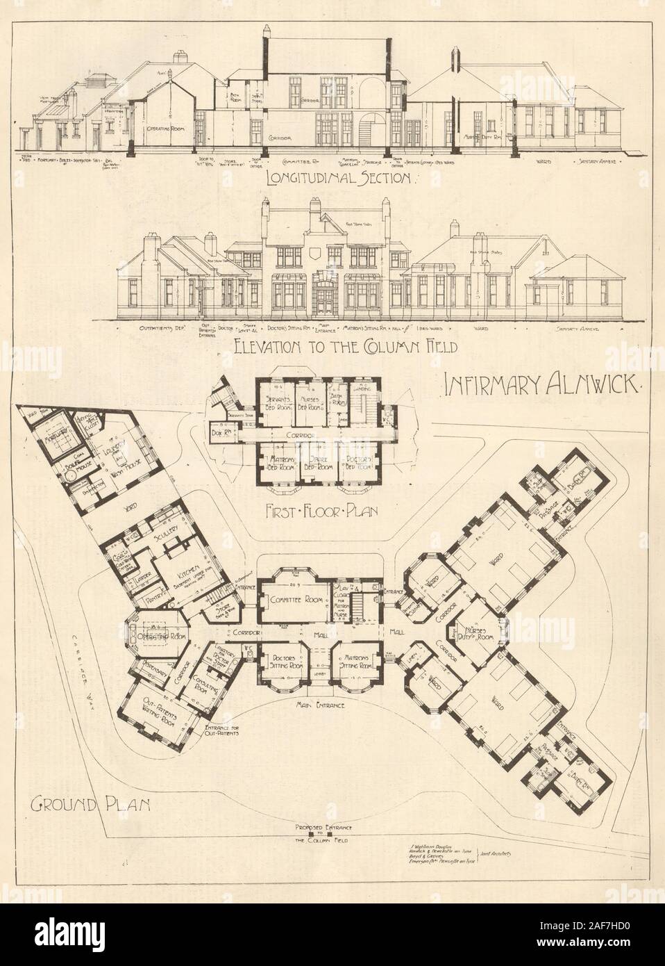 Infirmerie Alnwick. Les élévations, plans, coupes de la. 1906 Northumberland Banque D'Images