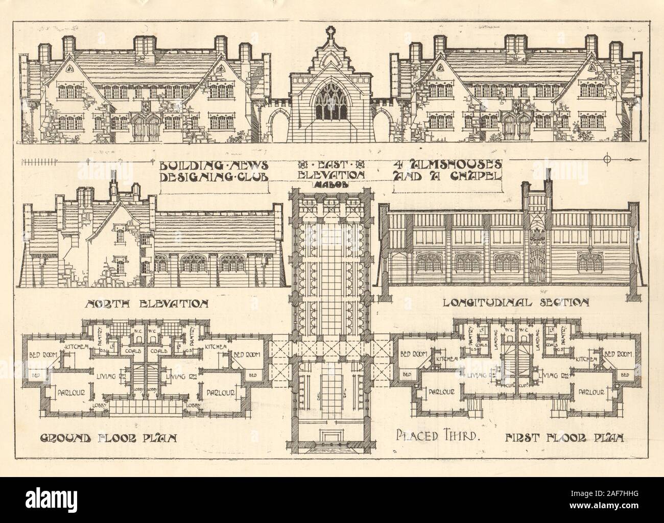 4 hospices et une chapelle. L'altitude, et les plans de la section longitudinale 1907 imprimer Banque D'Images
