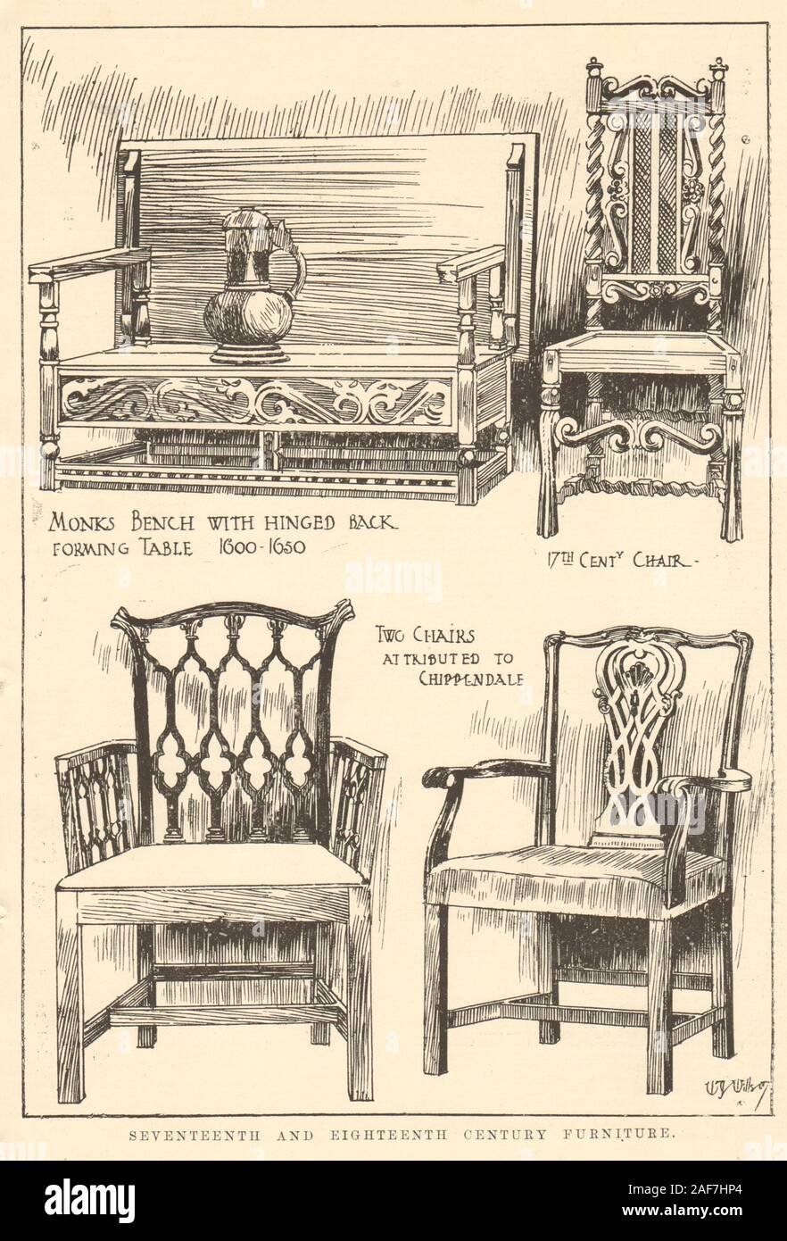 17C 18C mobilier. Banc de moines retour table à charnière. Chippendale président 1907 imprimer Banque D'Images
