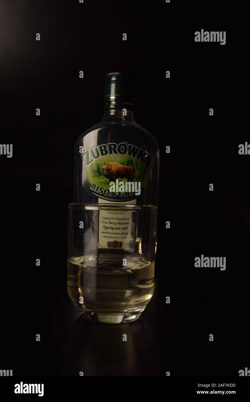 Still Life Studio Photo Shoot, Zubrowka Vodka herbe de bison polonais, signalisation, 2019. Banque D'Images