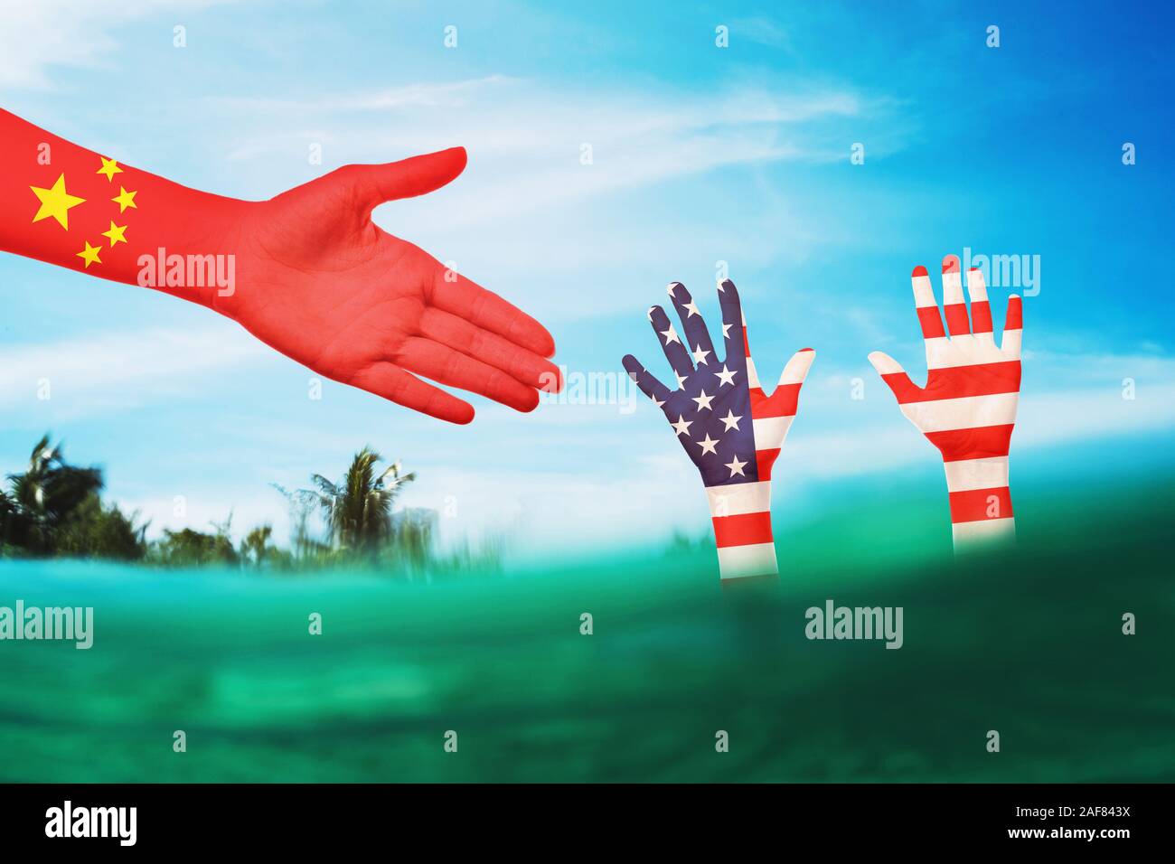 Un concept sur le thème de l'aidant les États-Unis d'Amérique de collègues chinois dans une situation difficile. Les relations internationales Banque D'Images