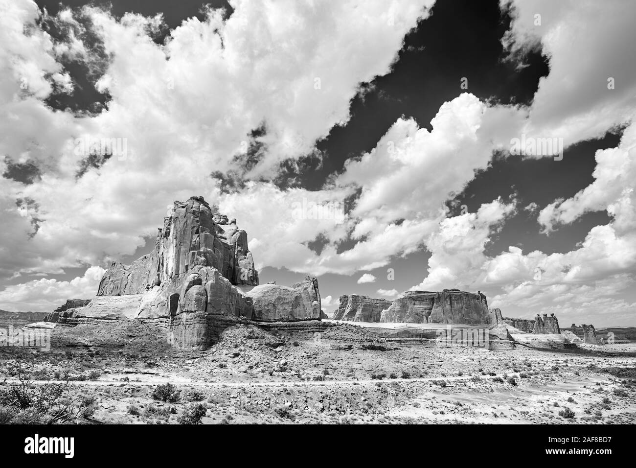 Photo noir et blanc de formations rocheuses dans Arches National Park, Utah, USA. Banque D'Images