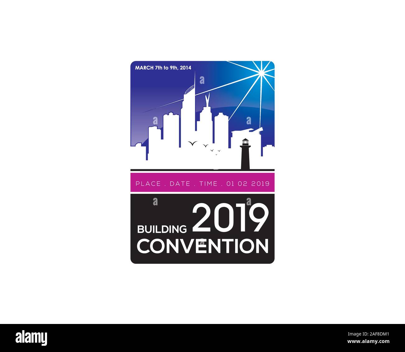 Logo de la convention de construction signe avec image de cityscape skyline skyscrapper palm beach et les oiseaux du soleil 2 Illustration de Vecteur