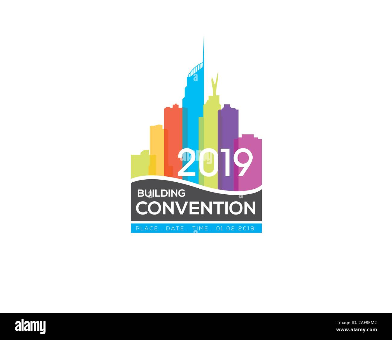 Logo de la convention de construction signe avec image de cityscape skyline skyscrapper palm beach et les oiseaux du soleil 2 Illustration de Vecteur