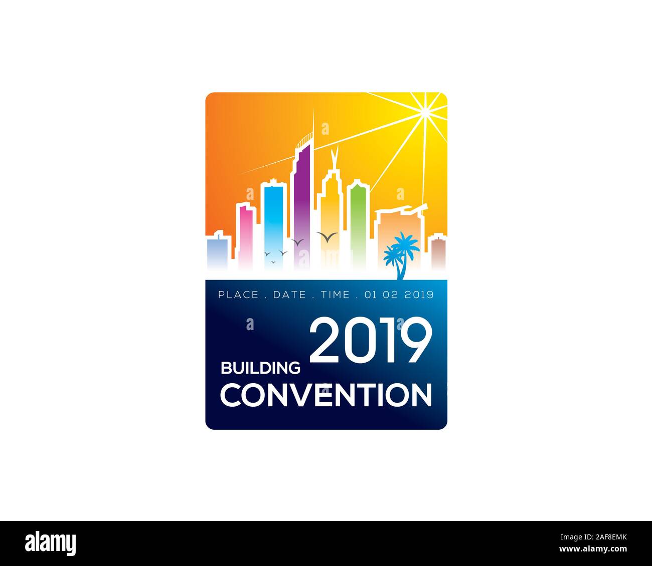 Logo de la convention de construction signe avec image de cityscape skyline skyscrapper palm du soleil et de la plage des oiseaux Illustration de Vecteur