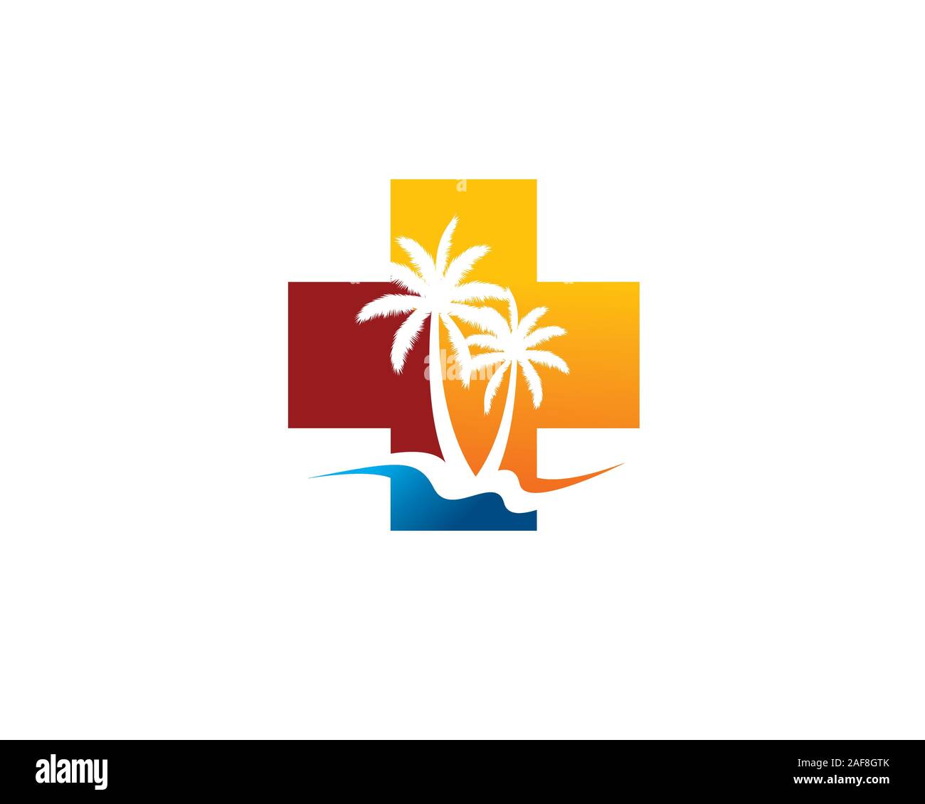 Croix médicale signe plus avec des palmiers et de l'océan comme courbe de l'espace négatif Illustration de Vecteur