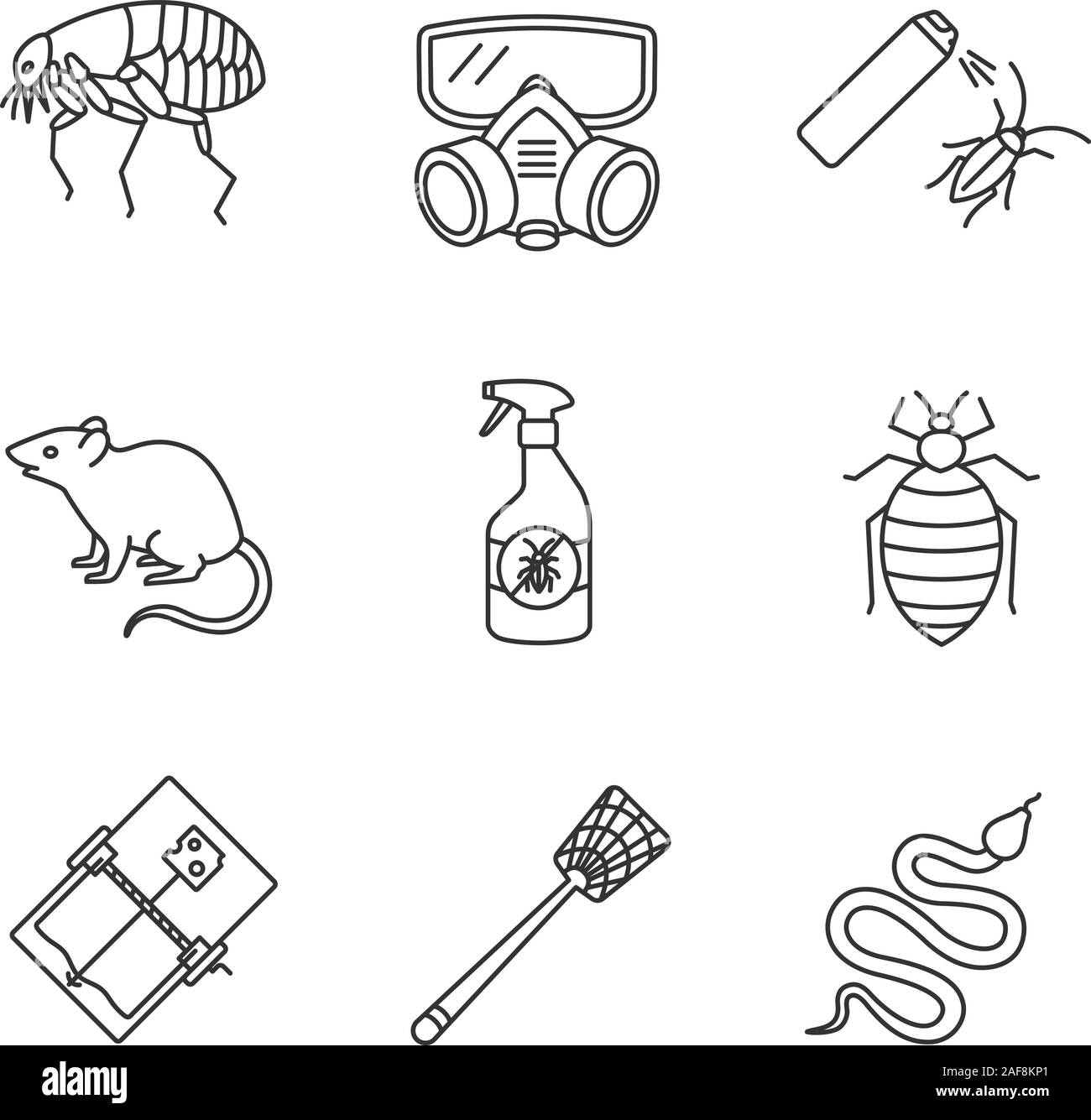 Linéaire antiparasitaires icons set. Brocante, respirateur, cancrelat, insectifuge, piège à souris, rongeurs, punaise de lit, serpent, tapette à mouche. Fine ligne contour des symboles. Isol Illustration de Vecteur