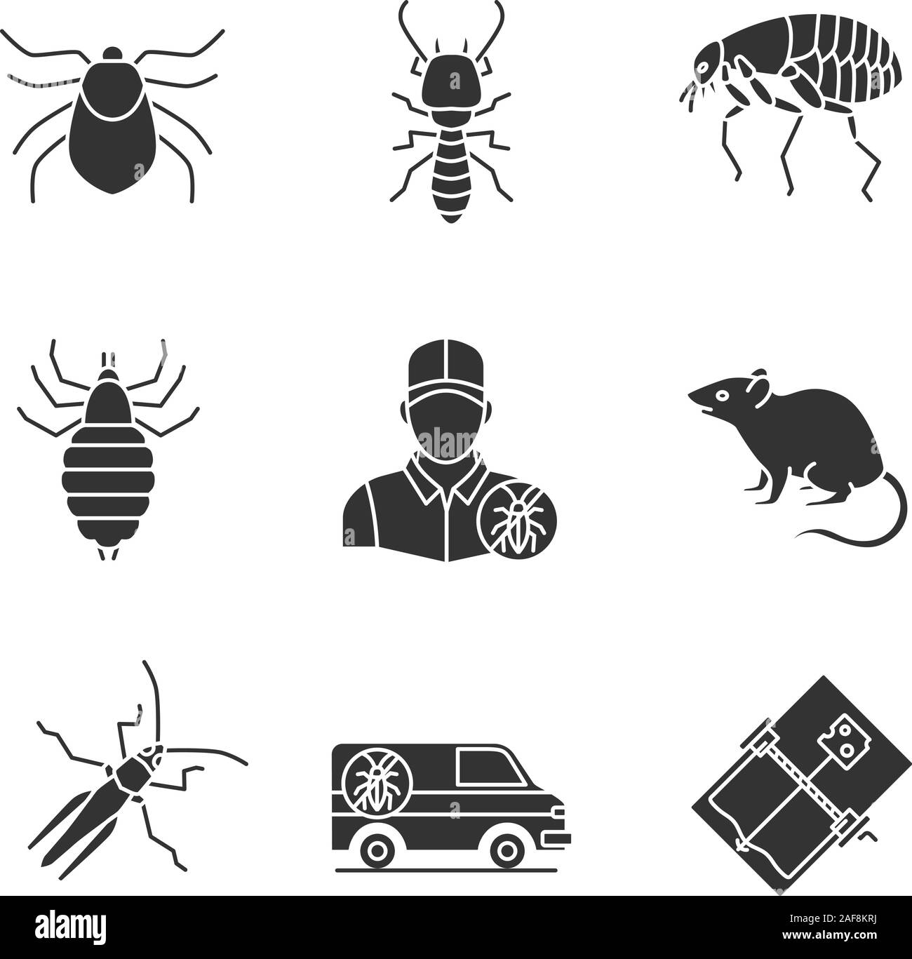 Glyphe antiparasitaires icons set. Piège à Souris, voiture de destructeur, termites, poux, puces, acariens, sauterelle, rongeur. Symboles de Silhouette. Mal isolé du vecteur Illustration de Vecteur