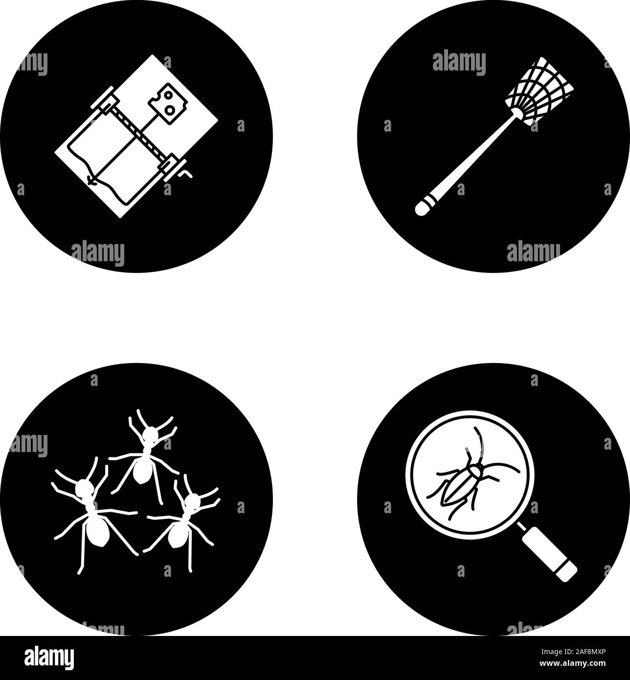 Glyphe antiparasitaires icons set. La recherche de blattes, tapette à mouche, piège à souris, fourmis. Vector silhouettes blanc illustrations de cercles noirs Illustration de Vecteur