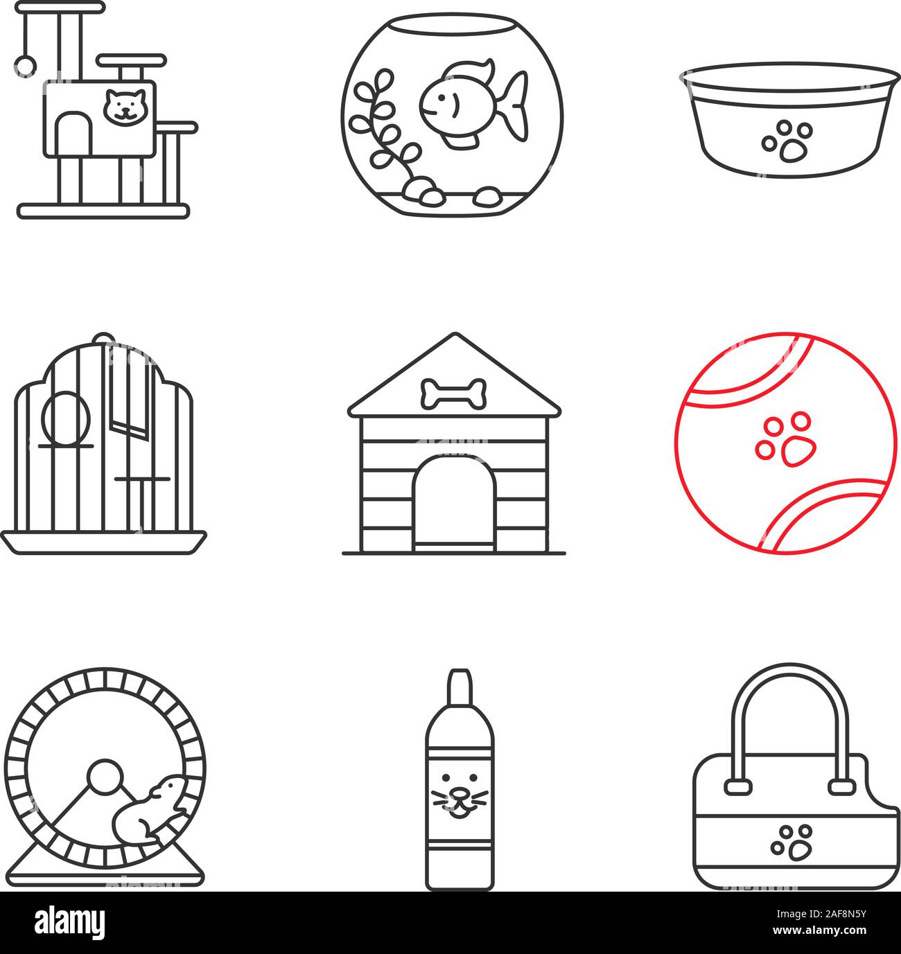 Fournitures animaux icons set linéaire. Maison du chat, chien, aquarium bol, cage à oiseaux, niche, toy ball, roue de hamster, shampoing, animaux domestiques transporteur. Fine ligne contou Illustration de Vecteur