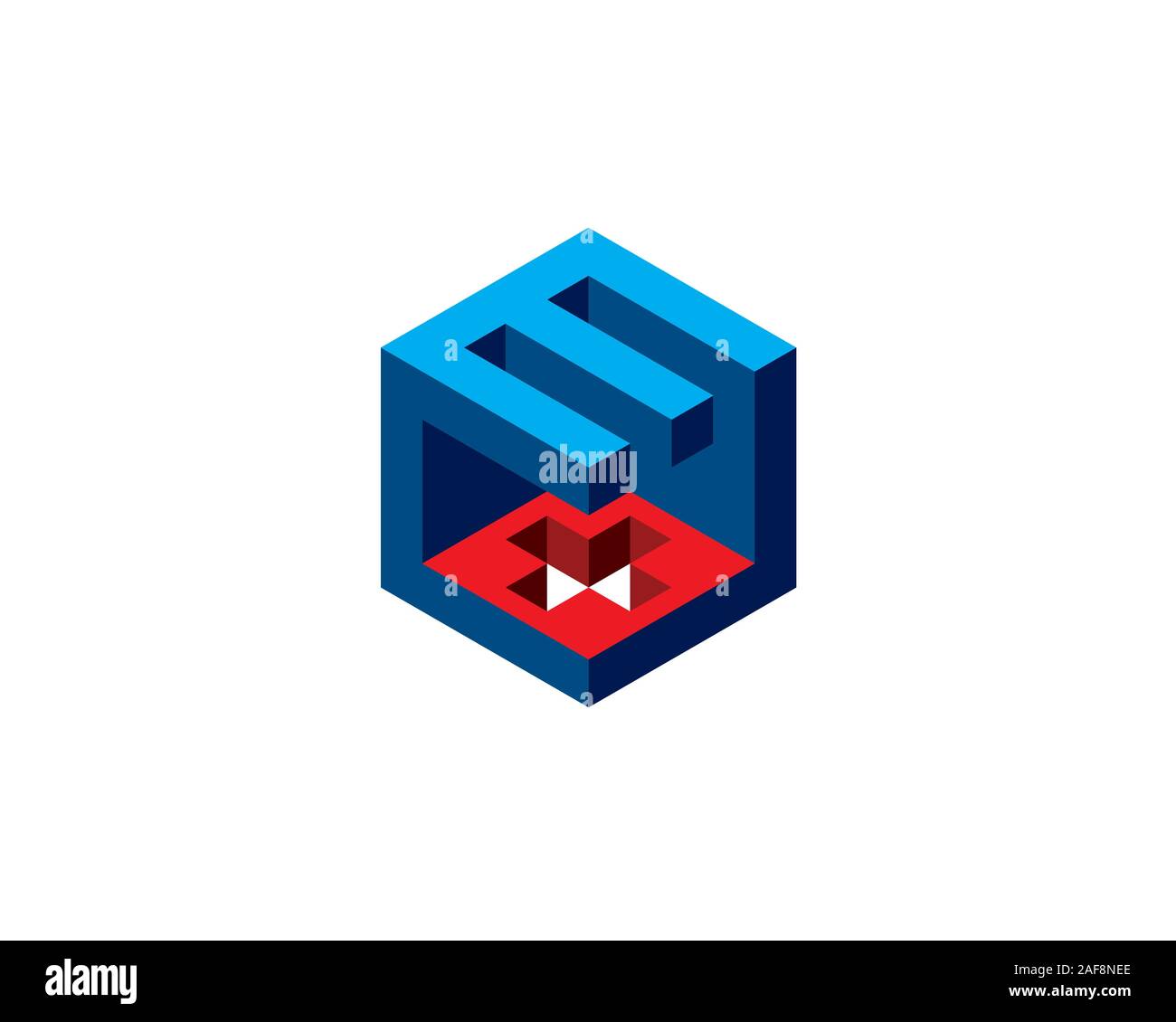 Solides 3d cube bleu et rouge avec la lettre E et signe plus à une valeur booléenne Illustration de Vecteur