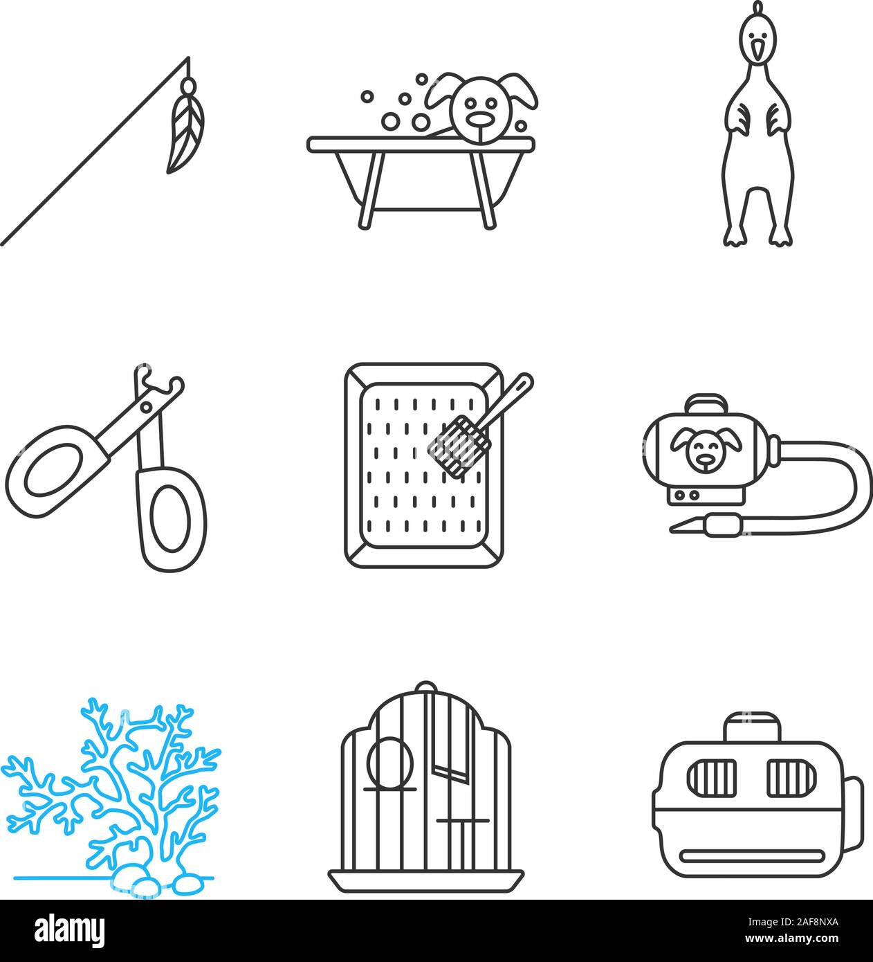 Fournitures animaux icons set linéaire. Jouets en plumes, toilettage, poulet en caoutchouc, coupe-ongles, litière, Hoover, algues, birdcage, transporteur. Fine ligne contou Illustration de Vecteur
