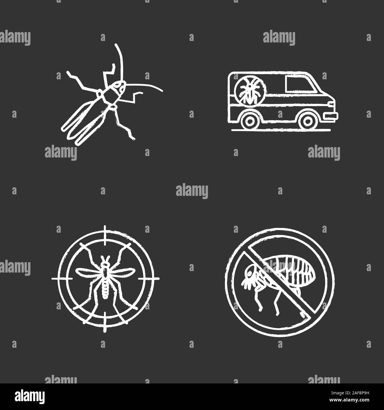 Chalk antiparasitaires icons set. Sauterelle, voiture de destructeur de moustiques, cible, arrêter les puces. Illustrations vectorielles chalkboard Illustration de Vecteur