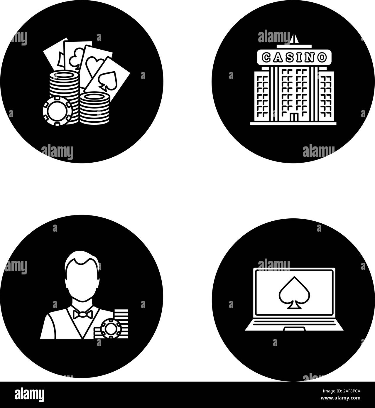 Glyphe de Casino icons set. Croupier, des piles de jetons de jeu, casino, poker en ligne. Vector silhouettes blanc illustrations de cercles noirs Illustration de Vecteur