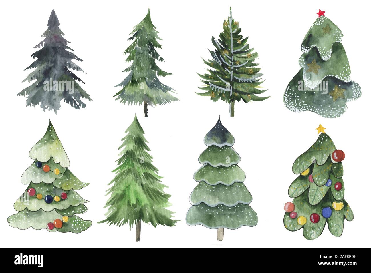 Arbre de Noël de l'icône de l'aquarelle. Collecte de nouvelles années avec des arbres de Noël à rayures des hérauts, pin de noël. Vacances d'hiver 2020 Parti vert sapin. Banque D'Images