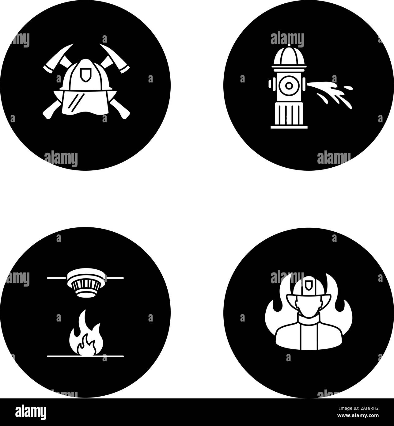 Glyphe de lutte contre l'ensemble des icônes. D'INCENDIE, détecteur de fumée, les pompiers de la croix de malte, pompier. Vector silhouettes blanches illustrations en noir circl Illustration de Vecteur