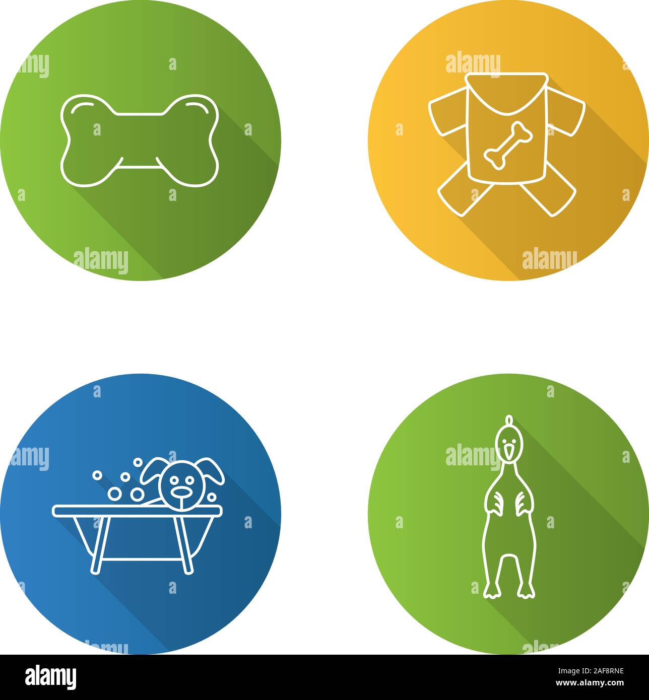 Animaux domestiques alimentation linéaire plat long shadow icons set. L'os du chien toy, animaux vêtements, service de toilettage, poulet en caoutchouc. Contour Vector illustration Illustration de Vecteur