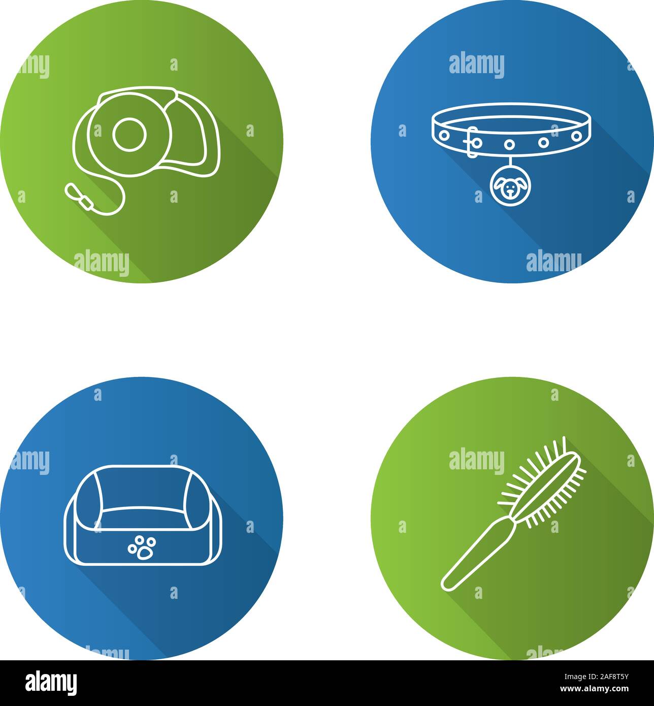 Animaux domestiques alimentation linéaire plat long shadow icons set. Chien collier et laisse rétractable, pet bed, poils d'un pinceau. Contour Vector illustration Illustration de Vecteur