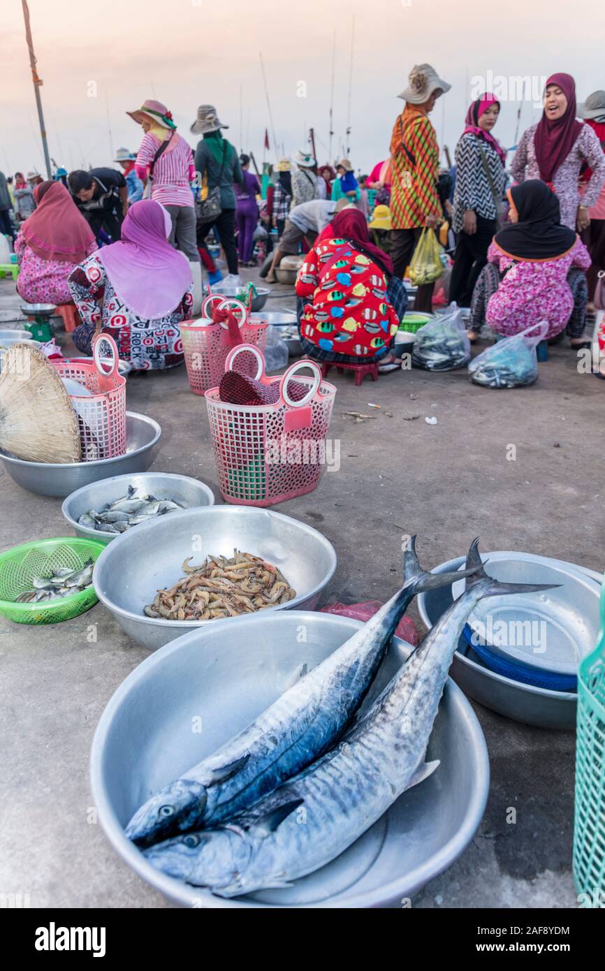 Cambodge, Kampot. Les pêcheurs de Cham vendent du poisson sur le marché du poisson de Kampot. Banque D'Images