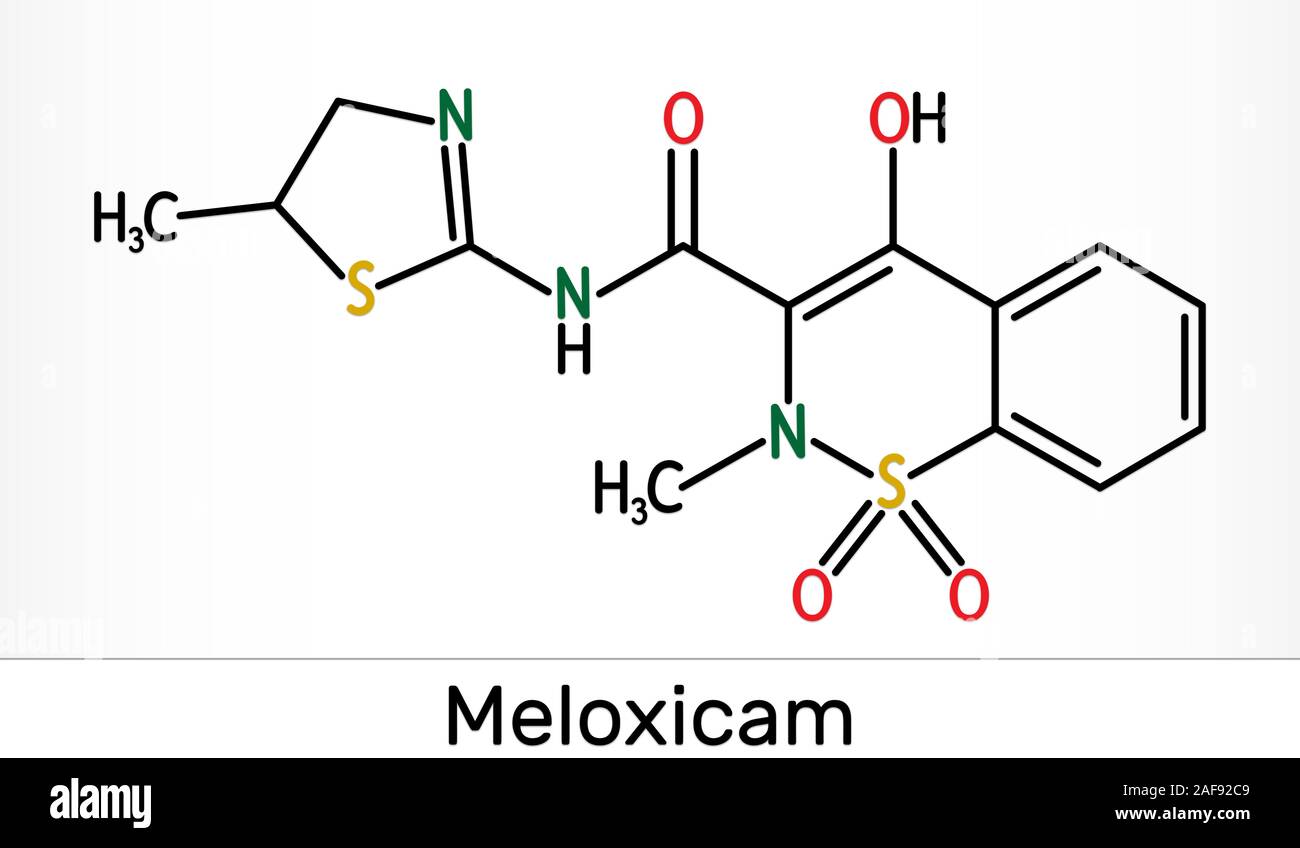 Meloxicam C14H13N3O4S2 molécule. C'est un anti-inflammatoire non stéroïdien (AINS). Formule chimique du squelette. Illustration Banque D'Images